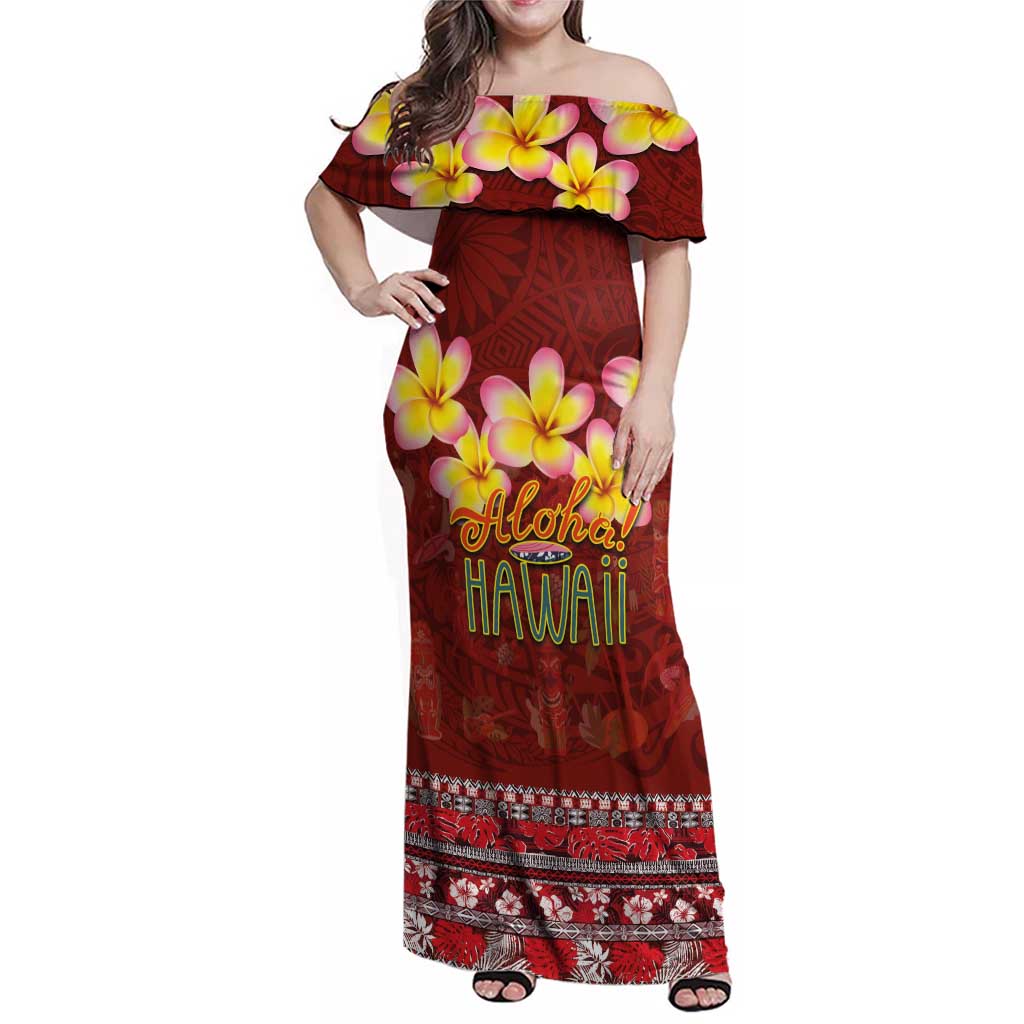 Aloha Plumeria Flowers Family Matching Off Shoulder Maxi Dress and Hawaiian Shirt With Hawaiian Style Tapa Tribal