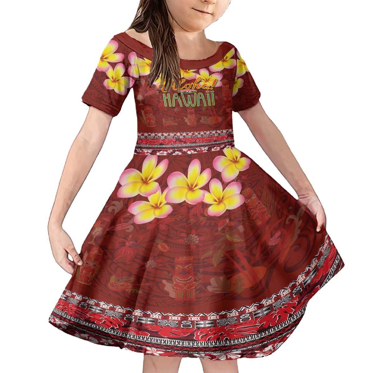 Aloha Plumeria Flowers Family Matching Puletasi and Hawaiian Shirt With Hawaiian Style Tapa Tribal LT03 Daughter's Dress Red - Polynesian Pride
