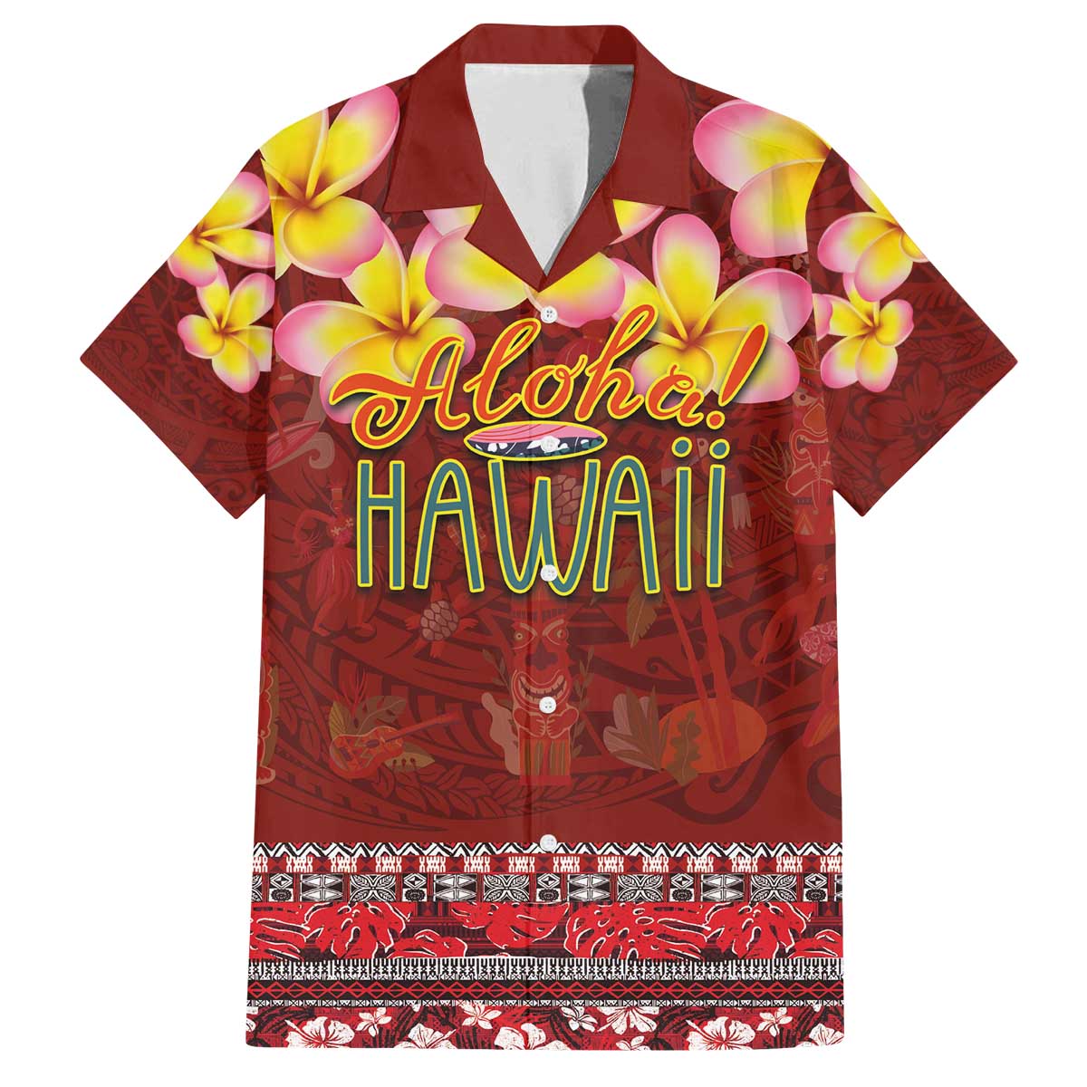 Aloha Plumeria Flowers Family Matching Puletasi and Hawaiian Shirt With Hawaiian Style Tapa Tribal LT03 Dad's Shirt - Short Sleeve Red - Polynesian Pride