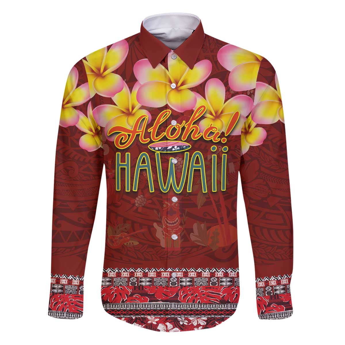 Aloha Plumeria Flowers Family Matching Puletasi and Hawaiian Shirt With Hawaiian Style Tapa Tribal LT03 Dad's Shirt - Long Sleeve Red - Polynesian Pride