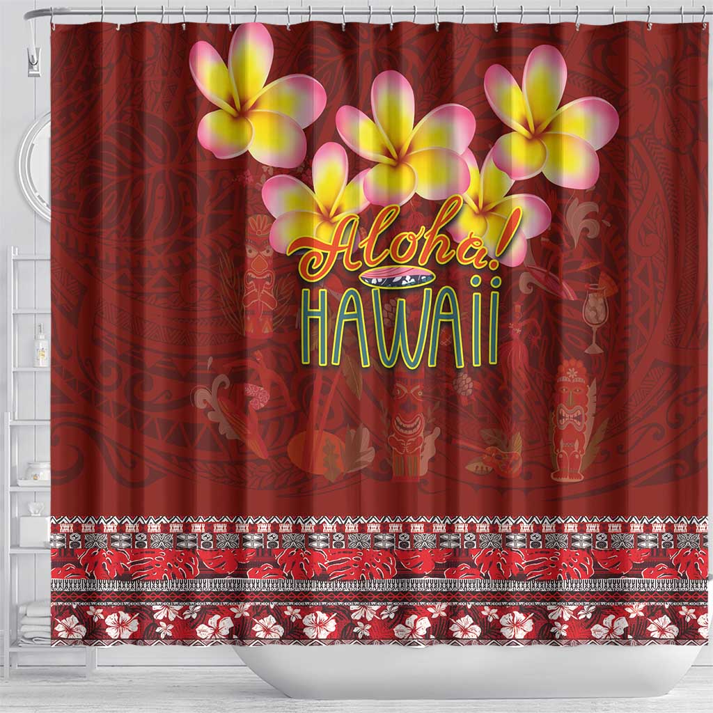 Aloha Plumeria Flowers Shower Curtain With Hawaiian Style Tapa Tribal
