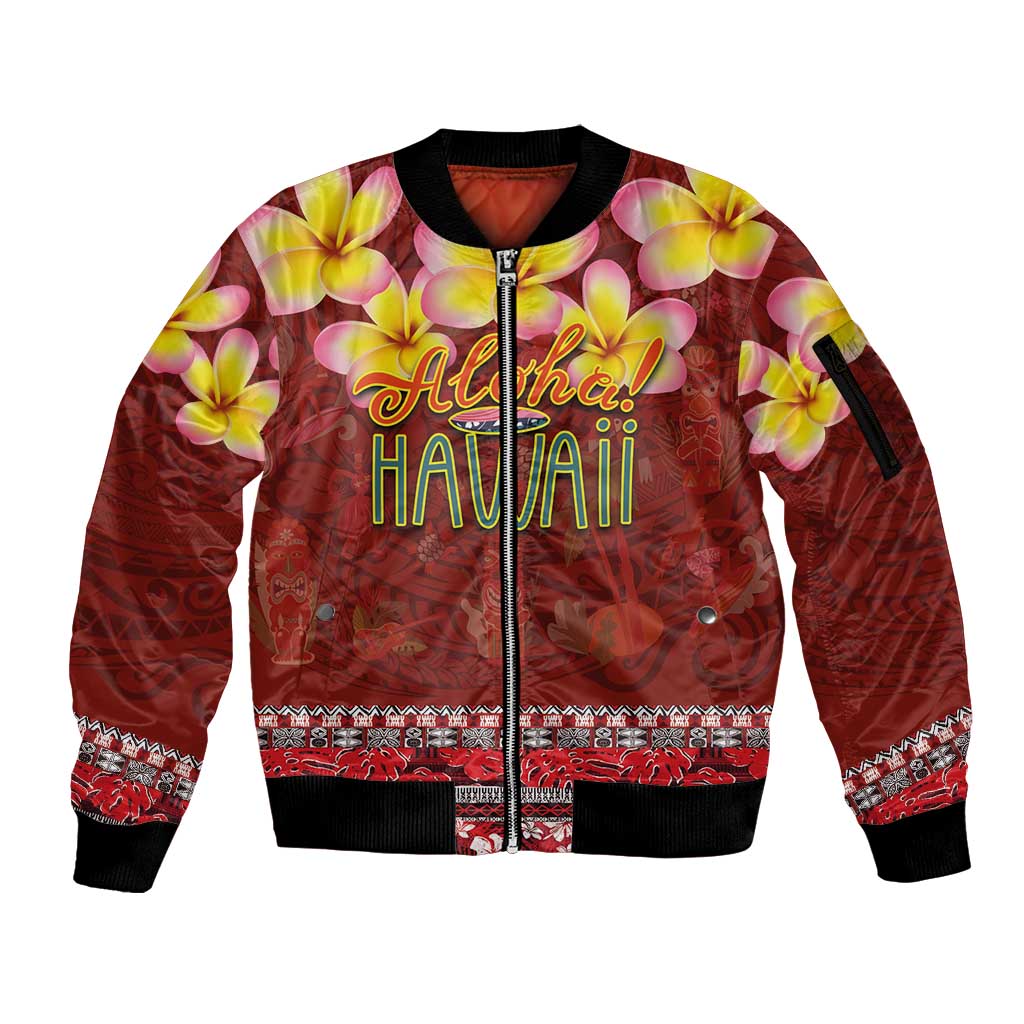 Aloha Plumeria Flowers Sleeve Zip Bomber Jacket With Hawaiian Style Tapa Tribal LT03 Unisex Red - Polynesian Pride