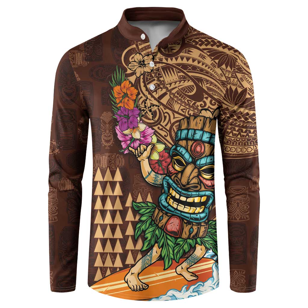 Hawaiian Tiki Mask Surfing Kakau Pattern Button Sweatshirt