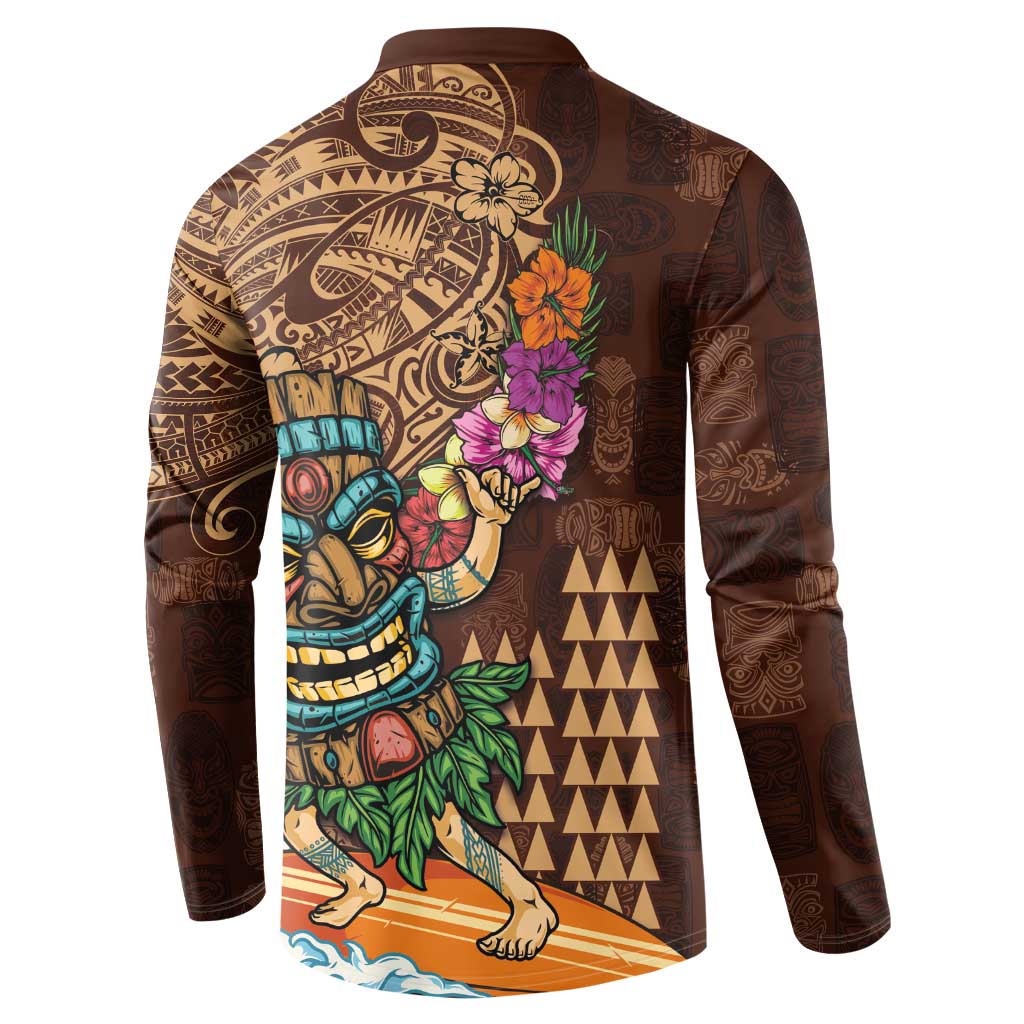 Hawaiian Tiki Mask Surfing Kakau Pattern Button Sweatshirt