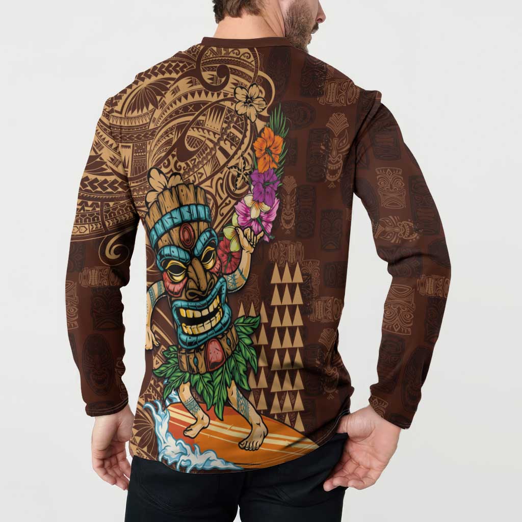 Hawaiian Tiki Mask Surfing Kakau Pattern Button Sweatshirt