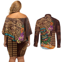 Hawaiian Tiki Mask Surfing Kakau Pattern Couples Matching Off Shoulder Short Dress and Long Sleeve Button Shirt