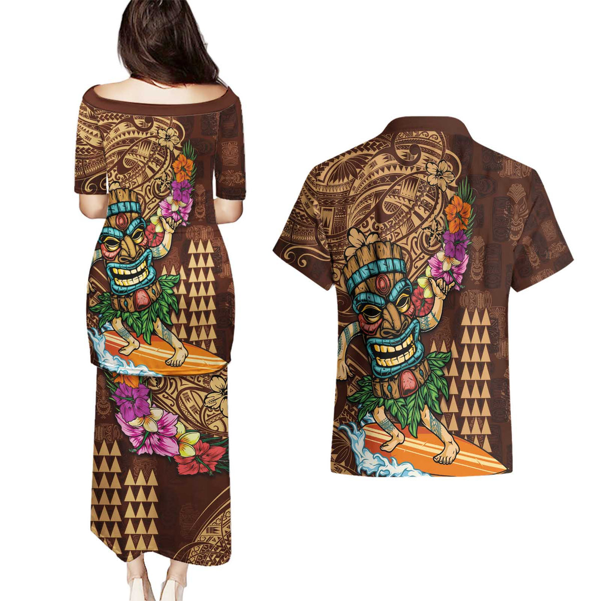 Hawaiian Tiki Mask Surfing Kakau Pattern Couples Matching Puletasi and Hawaiian Shirt