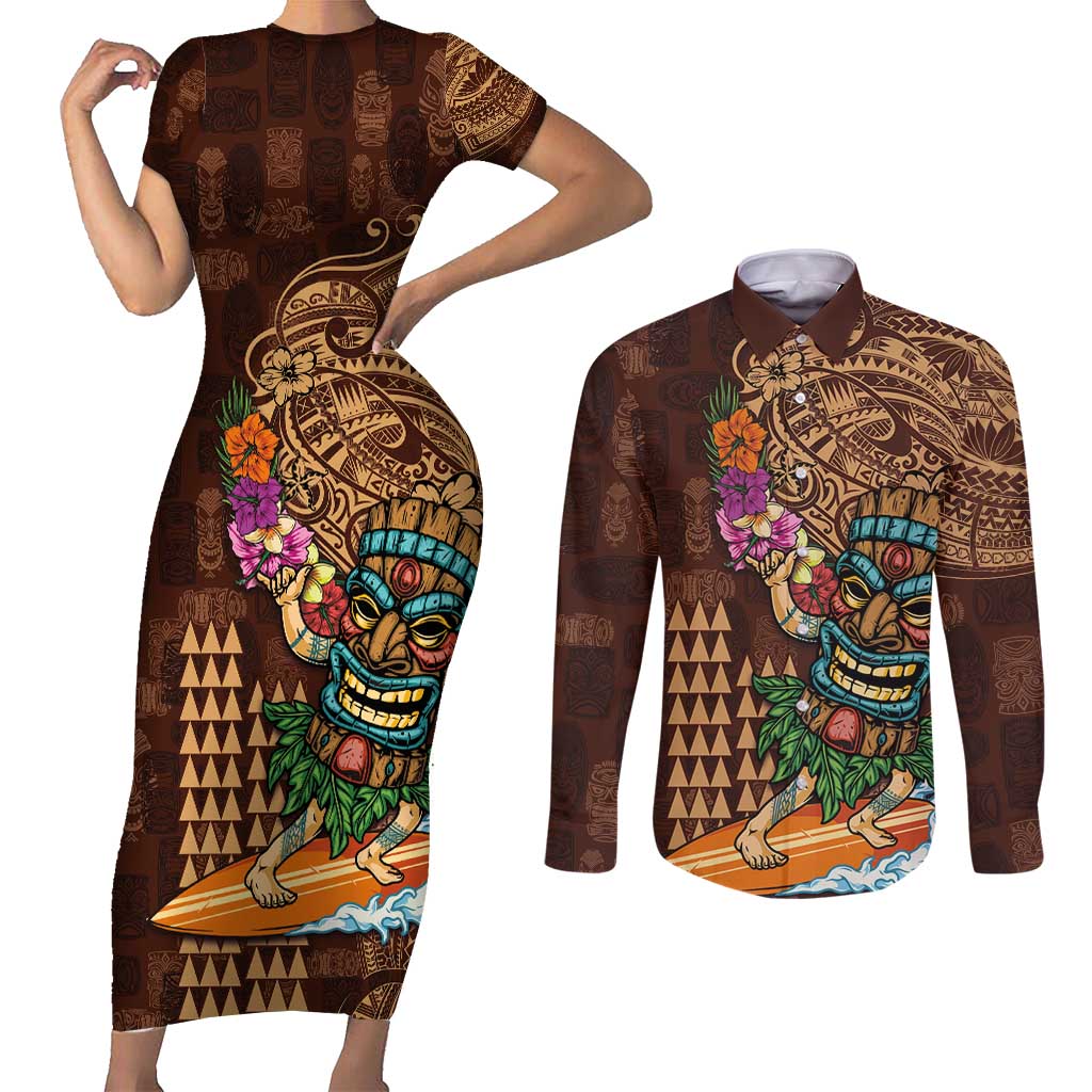 Hawaiian Tiki Mask Surfing Kakau Pattern Couples Matching Short Sleeve Bodycon Dress and Long Sleeve Button Shirt