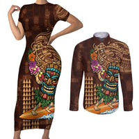 Hawaiian Tiki Mask Surfing Kakau Pattern Couples Matching Short Sleeve Bodycon Dress and Long Sleeve Button Shirt