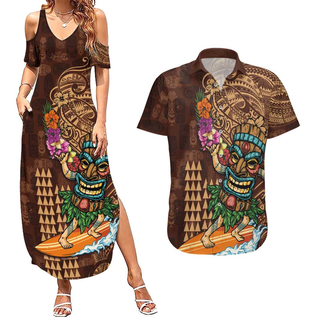 Hawaiian Tiki Mask Surfing Kakau Pattern Couples Matching Summer Maxi Dress and Hawaiian Shirt
