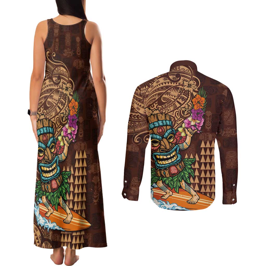 Hawaiian Tiki Mask Surfing Kakau Pattern Couples Matching Tank Maxi Dress and Long Sleeve Button Shirt