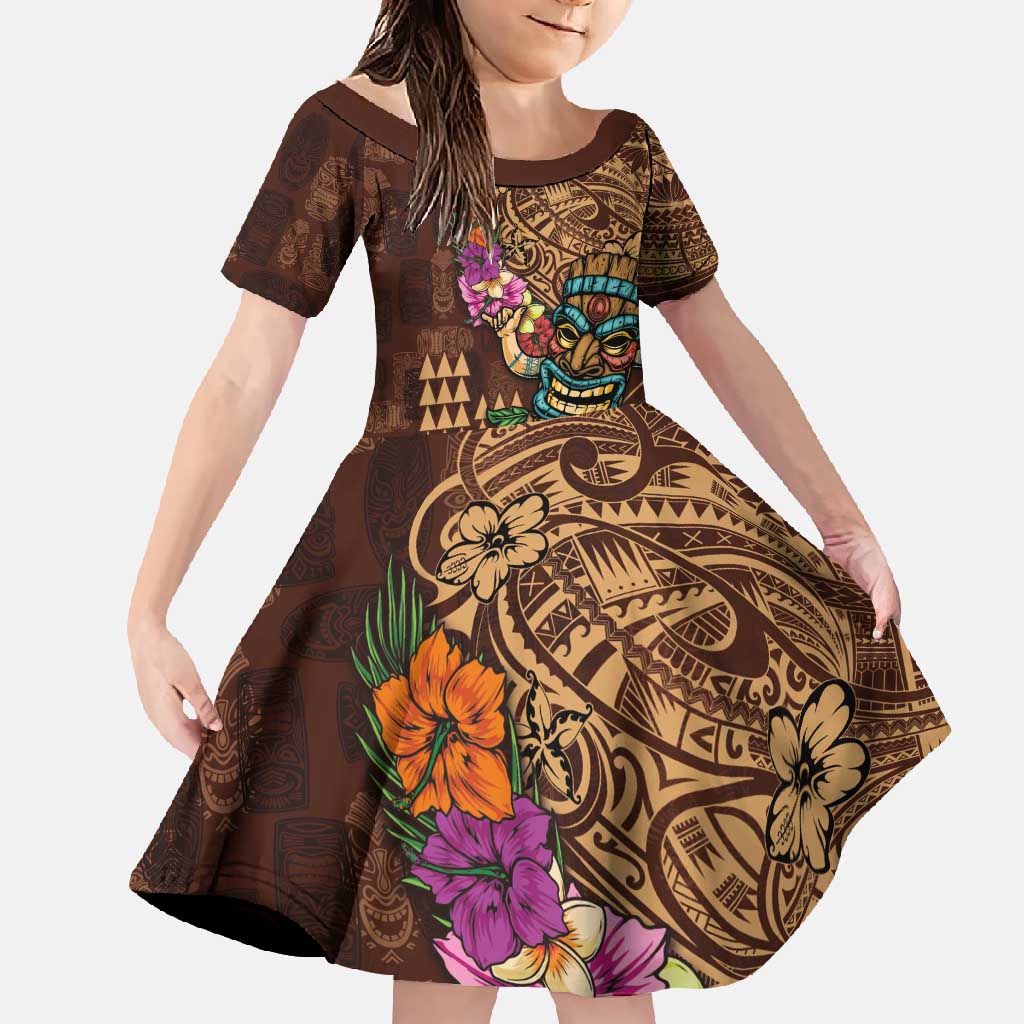 Hawaiian Tiki Mask Surfing Kakau Pattern Family Matching Long Sleeve Bodycon Dress and Hawaiian Shirt