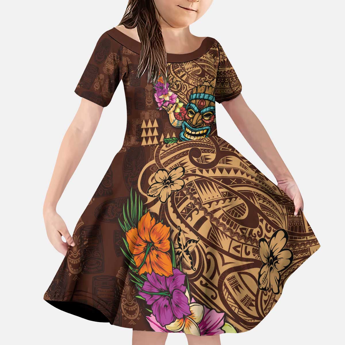 Hawaiian Tiki Mask Surfing Kakau Pattern Kid Short Sleeve Dress