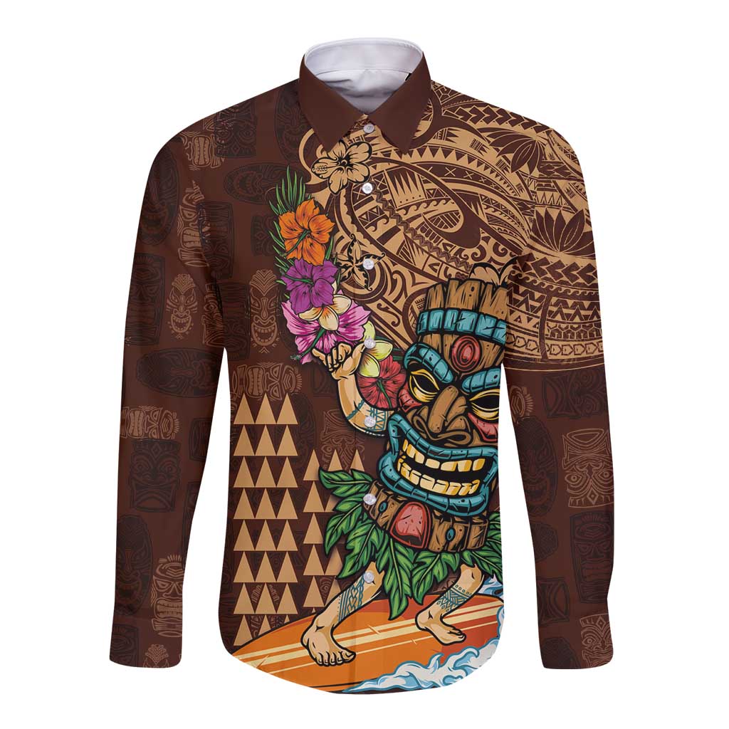 Hawaiian Tiki Mask Surfing Kakau Pattern Long Sleeve Button Shirt