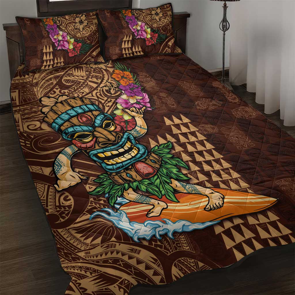 Hawaiian Tiki Mask Surfing Kakau Pattern Quilt Bed Set