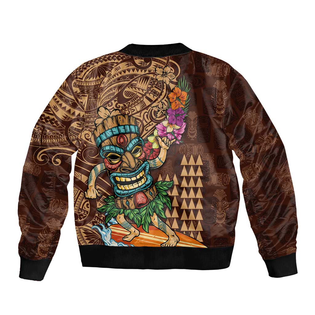 Hawaiian Tiki Mask Surfing Kakau Pattern Sleeve Zip Bomber Jacket