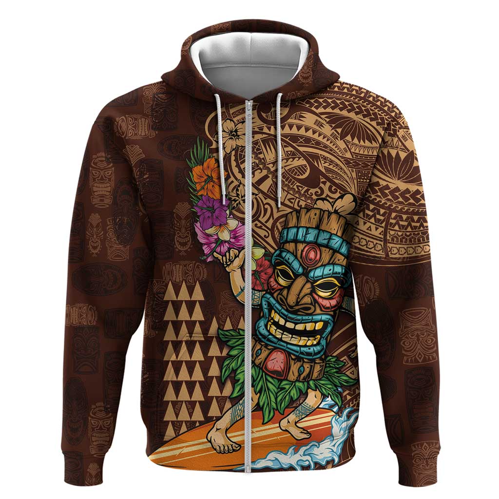 Hawaiian Tiki Mask Surfing Kakau Pattern Zip Hoodie