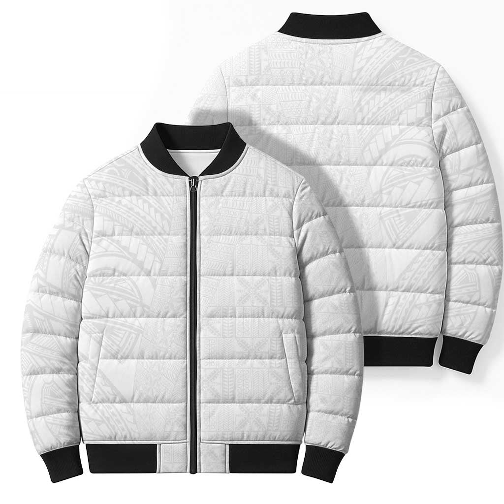 Niue White Sunday Bomber Puffer Jacket Hiapo Tribal Art Tattoos - Polynesian Pride