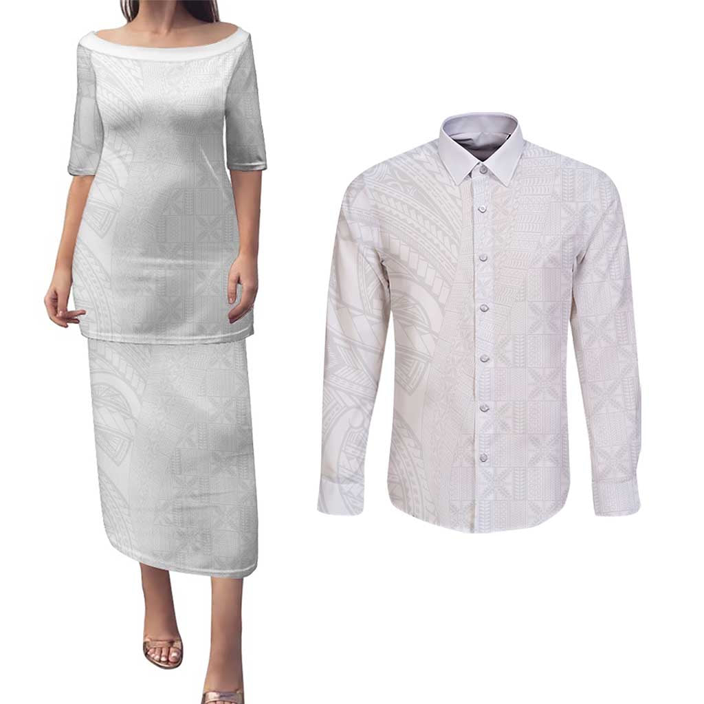 Niue White Sunday Couples Matching Puletasi and Long Sleeve Button Shirt Hiapo Tribal Art Tattoos - Polynesian Pride