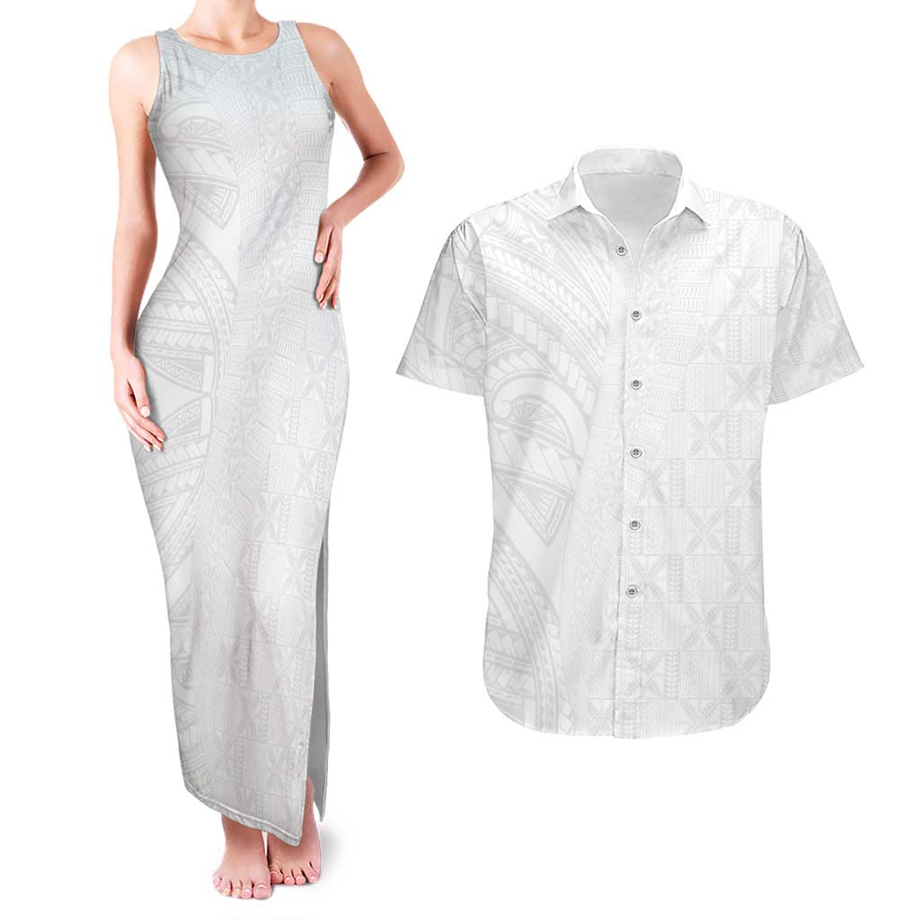 Niue White Sunday Couples Matching Tank Maxi Dress and Hawaiian Shirt Hiapo Tribal Art Tattoos - Polynesian Pride