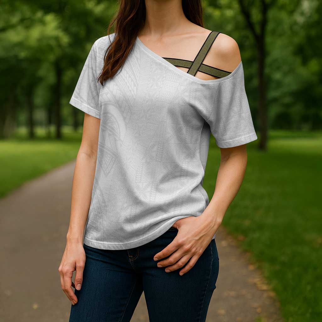 Niue White Sunday Cross Shoulder Shirt Hiapo Tribal Art Tattoos - Polynesian Pride