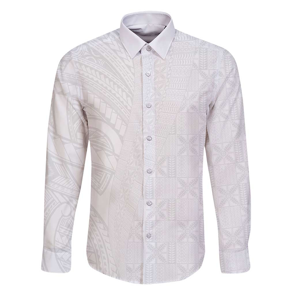 Niue White Sunday Family Matching Long Sleeve Bodycon Dress and Hawaiian Shirt Hiapo Tribal Art Tattoos - Polynesian Pride