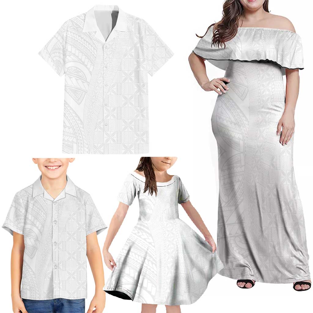 Niue White Sunday Family Matching Off Shoulder Maxi Dress and Hawaiian Shirt Hiapo Tribal Art Tattoos - Polynesian Pride