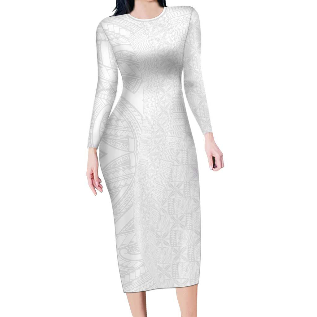 Niue White Sunday Long Sleeve Bodycon Dress Hiapo Tribal Art Tattoos - Polynesian Pride