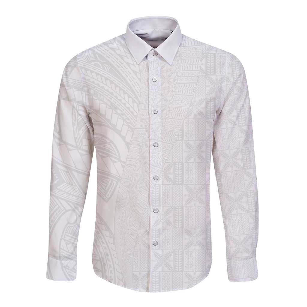 Niue White Sunday Long Sleeve Button Shirt Hiapo Tribal Art Tattoos - Polynesian Pride