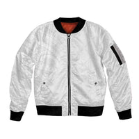 Niue White Sunday Sleeve Zip Bomber Jacket Hiapo Tribal Art Tattoos - Polynesian Pride