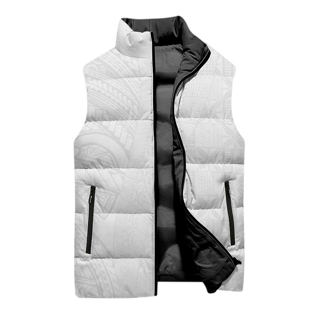 Niue White Sunday Sleeveless Puffer Jacket Hiapo Tribal Art Tattoos - Polynesian Pride