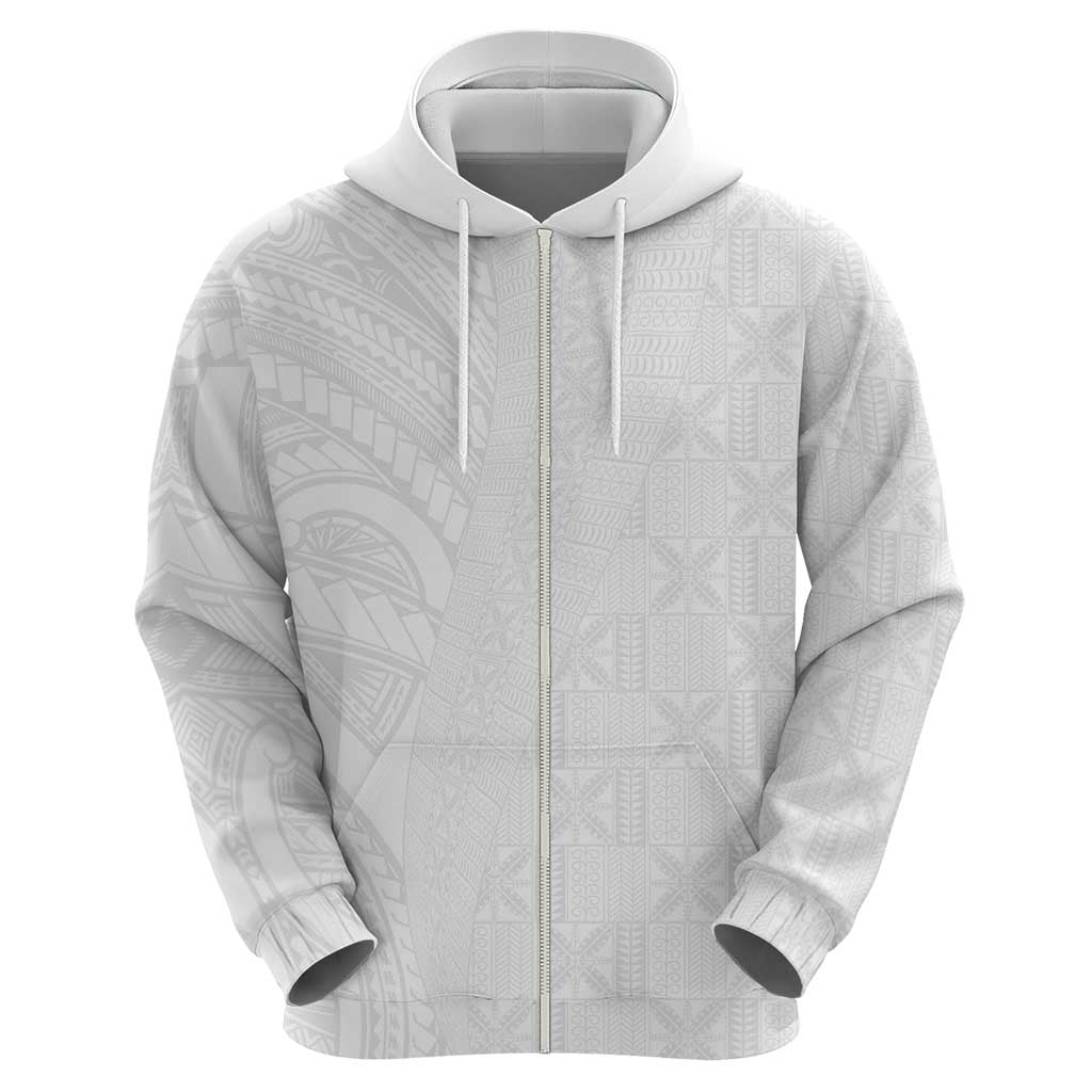 Niue White Sunday Zip Hoodie Hiapo Tribal Art Tattoos - Polynesian Pride