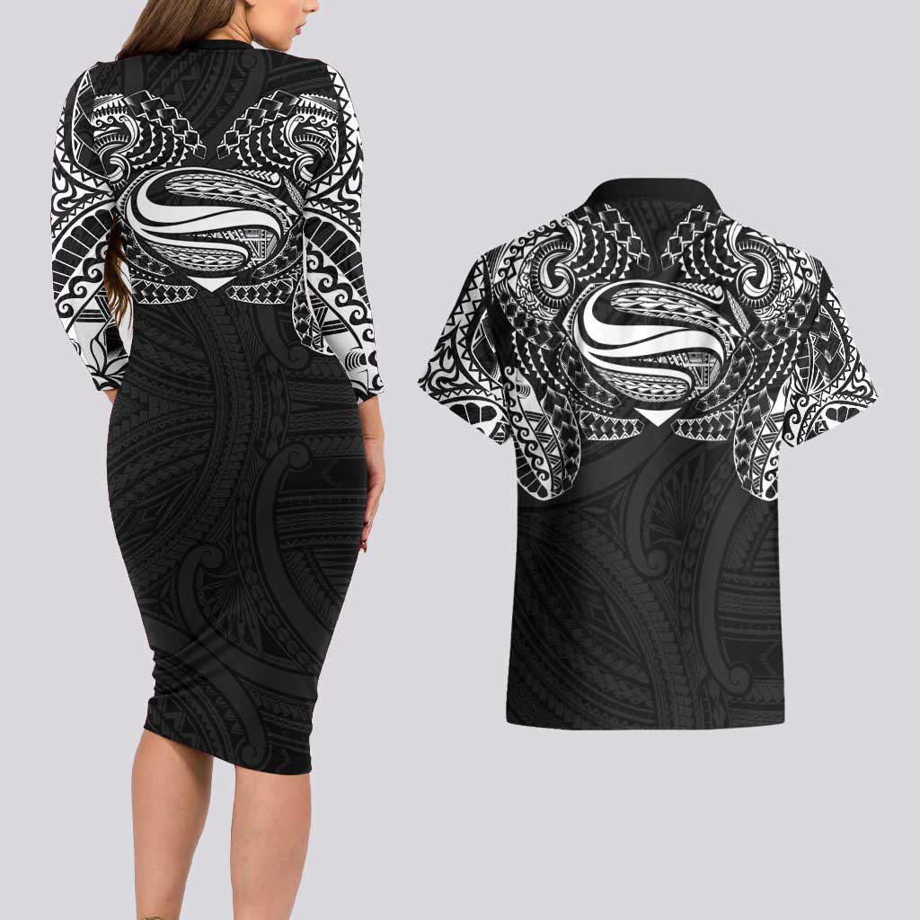 Super Samoan Traditional Tribal Art Tattoos Couples Matching Long Sleeve Bodycon Dress and Hawaiian Shirt Black Color - Polynesian Pride