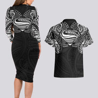 Super Samoan Traditional Tribal Art Tattoos Couples Matching Long Sleeve Bodycon Dress and Hawaiian Shirt Black Color - Polynesian Pride