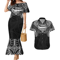 Super Samoan Traditional Tribal Art Tattoos Couples Matching Mermaid Dress and Hawaiian Shirt Black Color - Polynesian Pride
