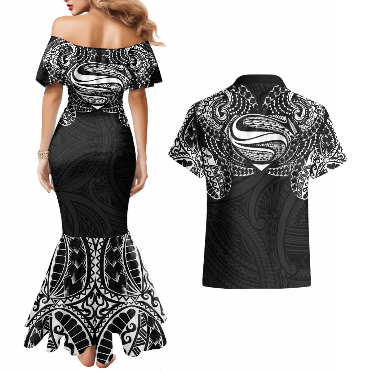 Super Samoan Traditional Tribal Art Tattoos Couples Matching Mermaid Dress and Hawaiian Shirt Black Color - Polynesian Pride