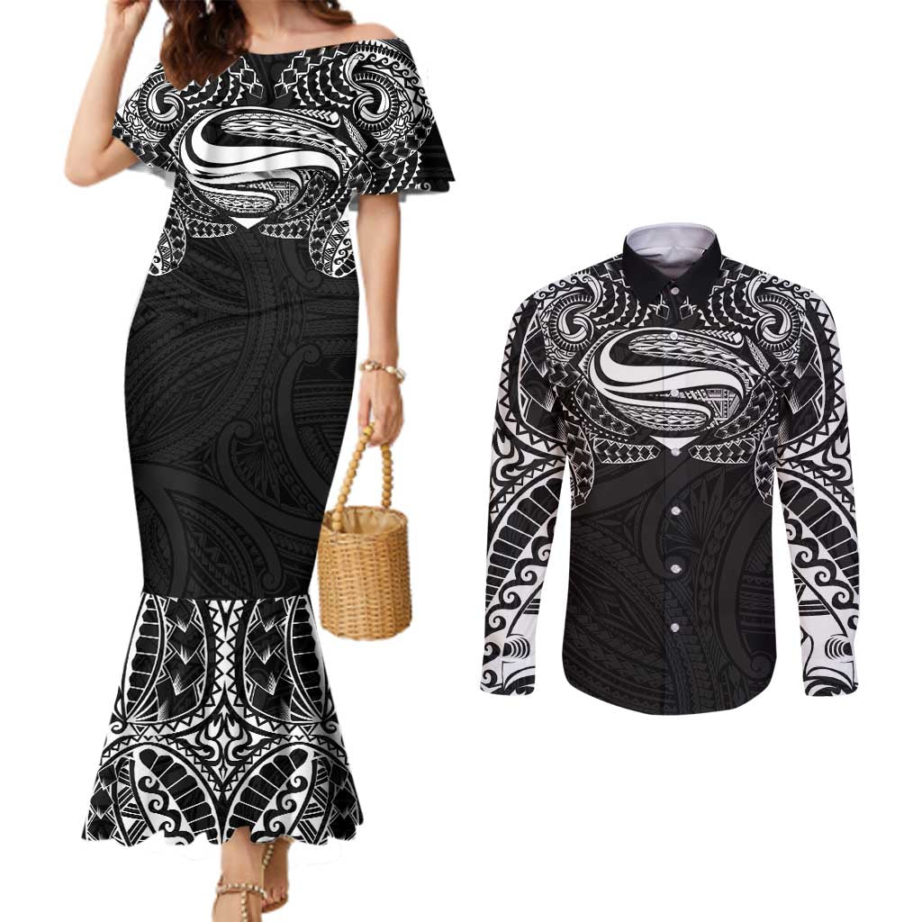 Super Samoan Traditional Tribal Art Tattoos Couples Matching Mermaid Dress and Long Sleeve Button Shirt Black Color - Polynesian Pride