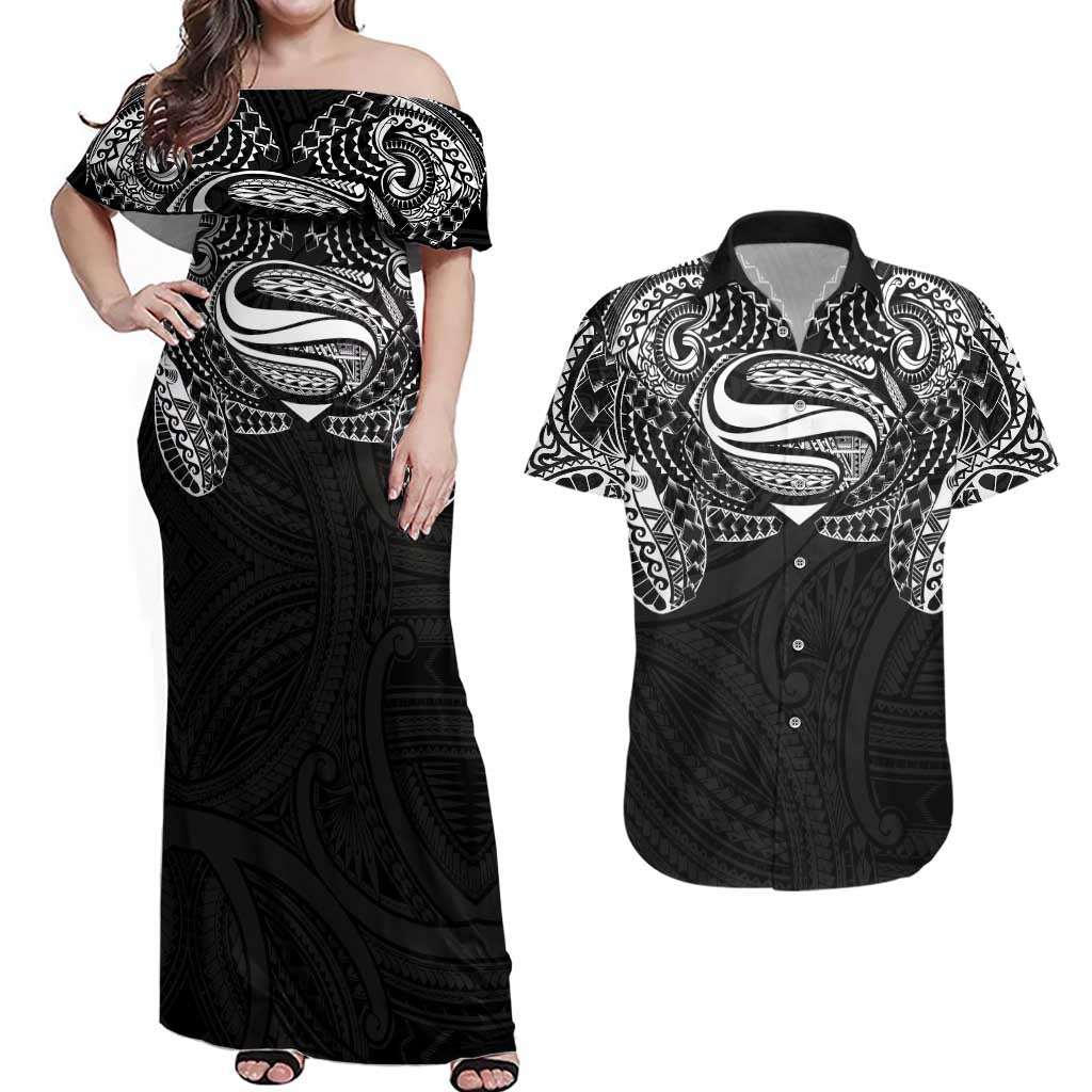 Super Samoan Traditional Tribal Art Tattoos Couples Matching Off Shoulder Maxi Dress and Hawaiian Shirt Black Color - Polynesian Pride