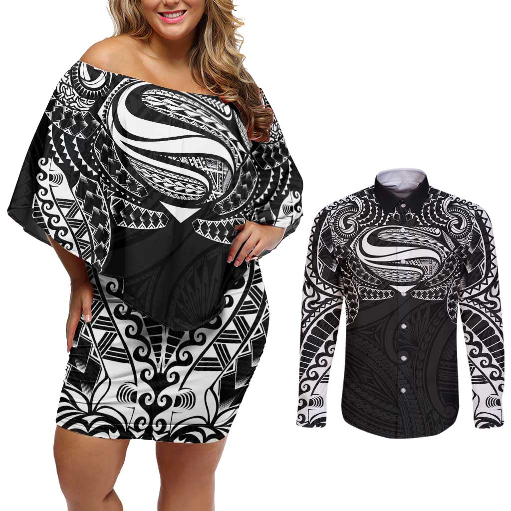 Super Samoan Traditional Tribal Art Tattoos Couples Matching Off Shoulder Short Dress and Long Sleeve Button Shirt Black Color - Polynesian Pride