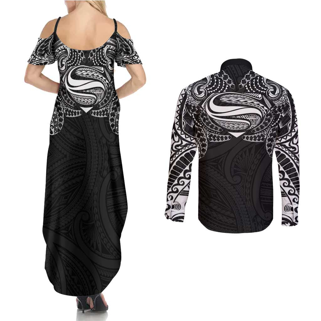 Super Samoan Traditional Tribal Art Tattoos Couples Matching Summer Maxi Dress and Long Sleeve Button Shirt Black Color - Polynesian Pride