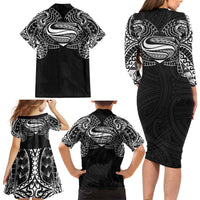 Super Samoan Traditional Tribal Art Tattoos Family Matching Long Sleeve Bodycon Dress and Hawaiian Shirt Black Color - Polynesian Pride