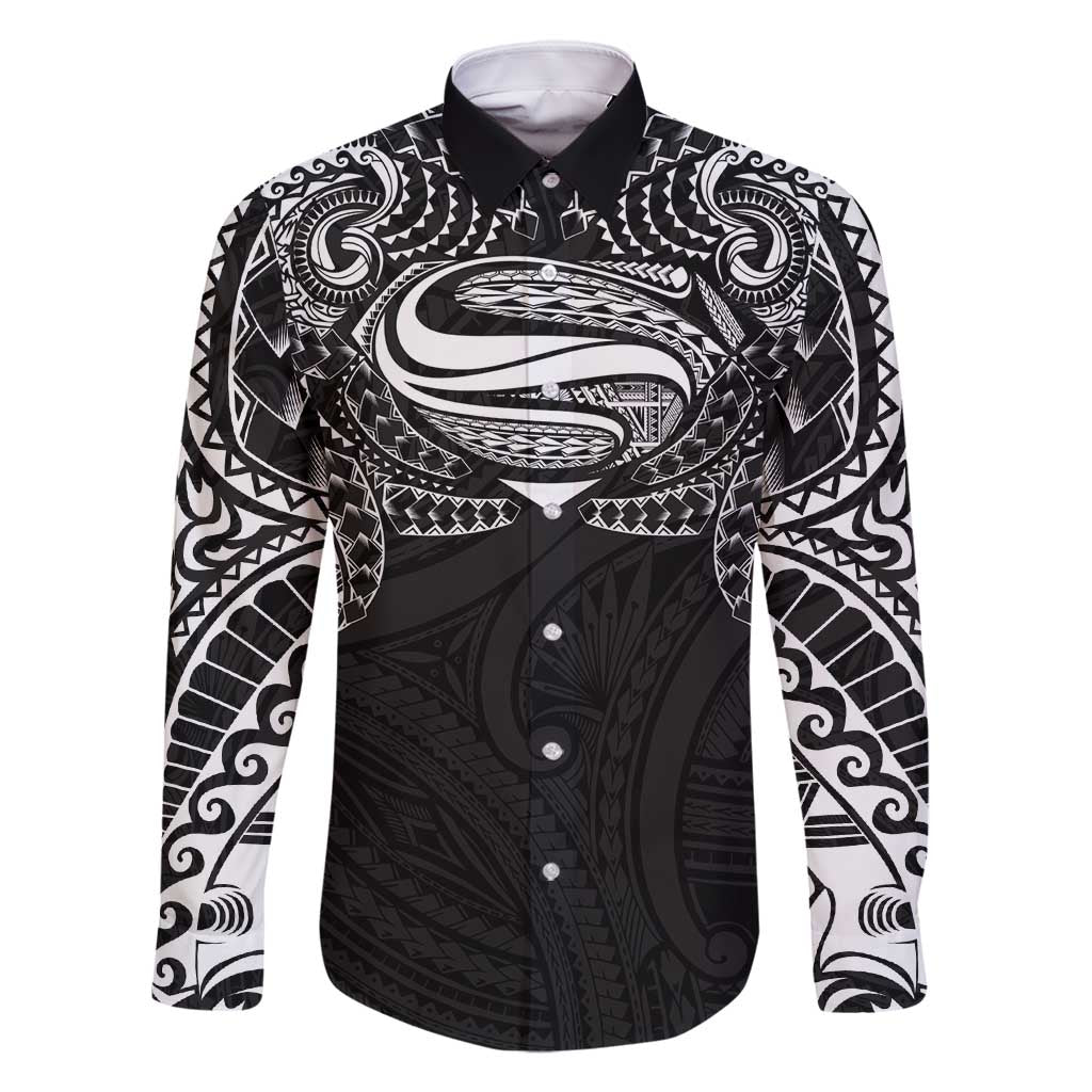 Super Samoan Traditional Tribal Art Tattoos Family Matching Long Sleeve Bodycon Dress and Hawaiian Shirt Black Color - Polynesian Pride