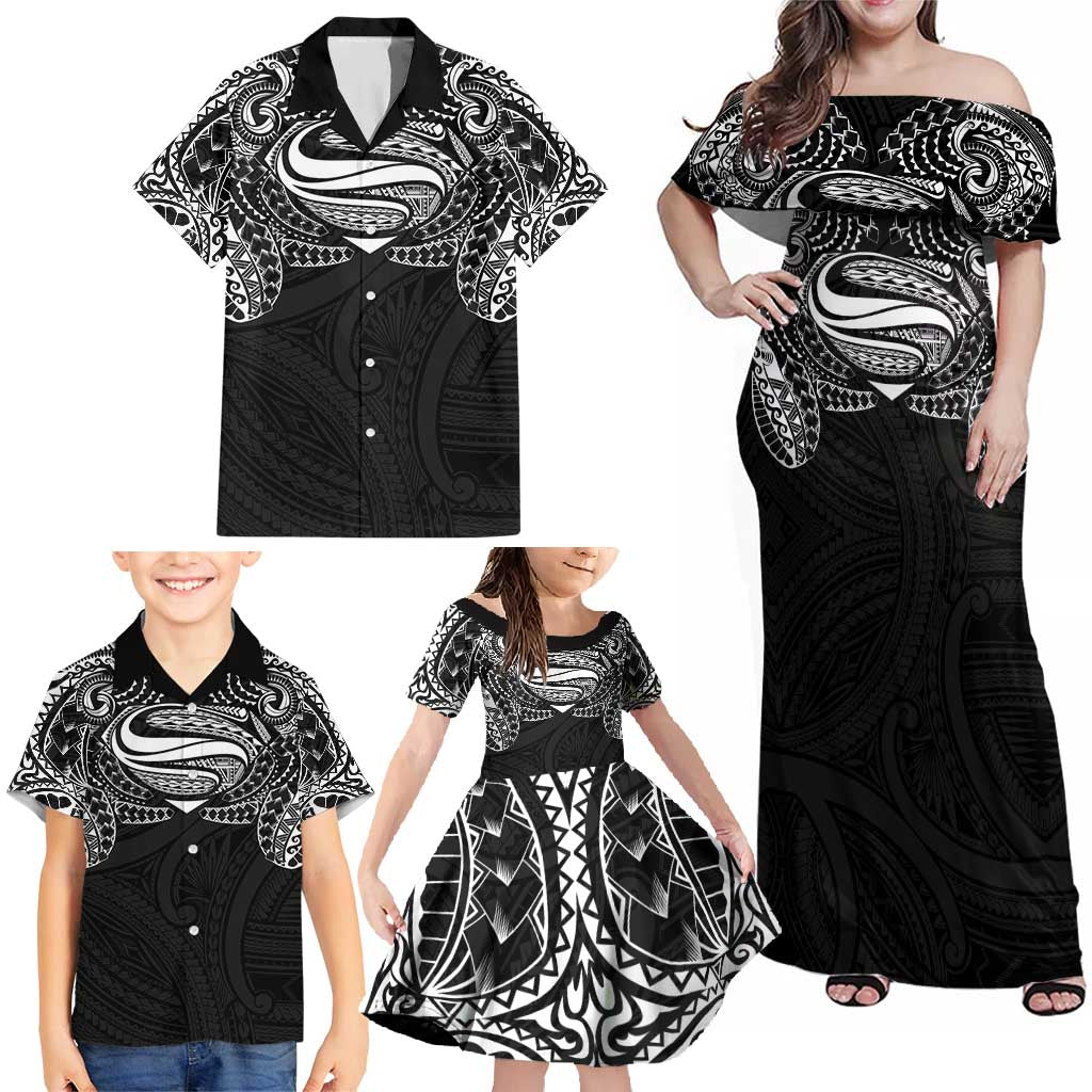 Super Samoan Traditional Tribal Art Tattoos Family Matching Off Shoulder Maxi Dress and Hawaiian Shirt Black Color - Polynesian Pride