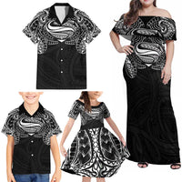 Super Samoan Traditional Tribal Art Tattoos Family Matching Off Shoulder Maxi Dress and Hawaiian Shirt Black Color - Polynesian Pride