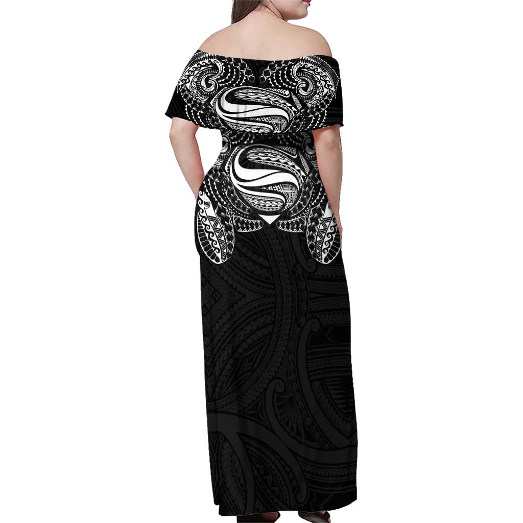 Super Samoan Traditional Tribal Art Tattoos Family Matching Off Shoulder Maxi Dress and Hawaiian Shirt Black Color - Polynesian Pride