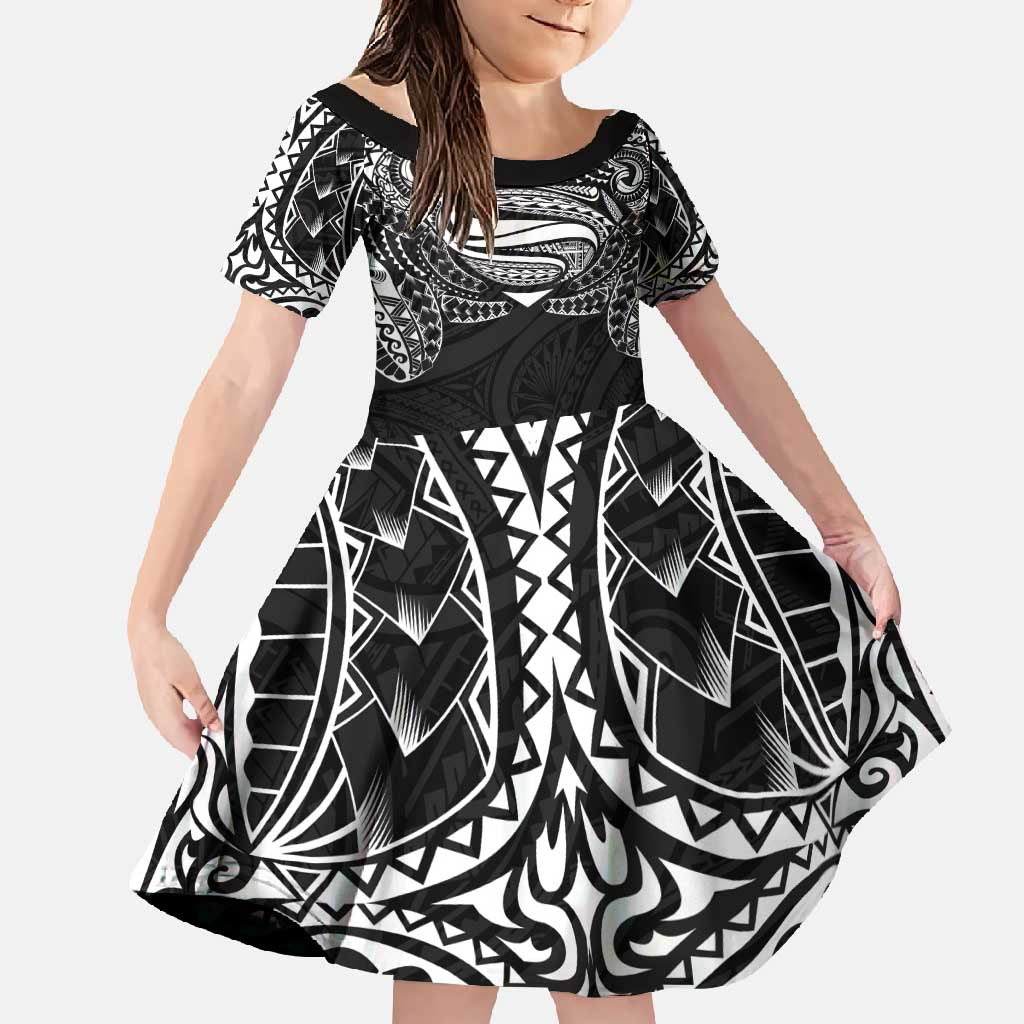 Super Samoan Traditional Tribal Art Tattoos Family Matching Short Sleeve Bodycon Dress and Hawaiian Shirt Black Color - Polynesian Pride