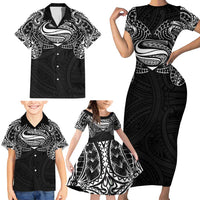 Super Samoan Traditional Tribal Art Tattoos Family Matching Short Sleeve Bodycon Dress and Hawaiian Shirt Black Color - Polynesian Pride