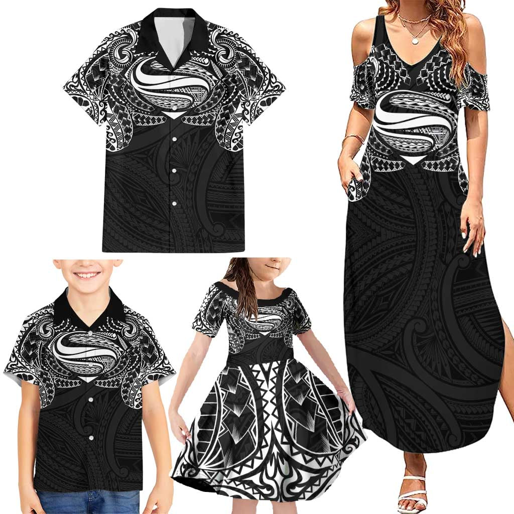 Super Samoan Traditional Tribal Art Tattoos Family Matching Summer Maxi Dress and Hawaiian Shirt Black Color - Polynesian Pride