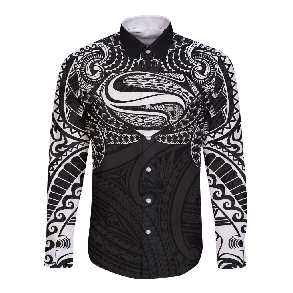 Super Samoan Traditional Tribal Art Tattoos Long Sleeve Button Shirt Black Color - Polynesian Pride