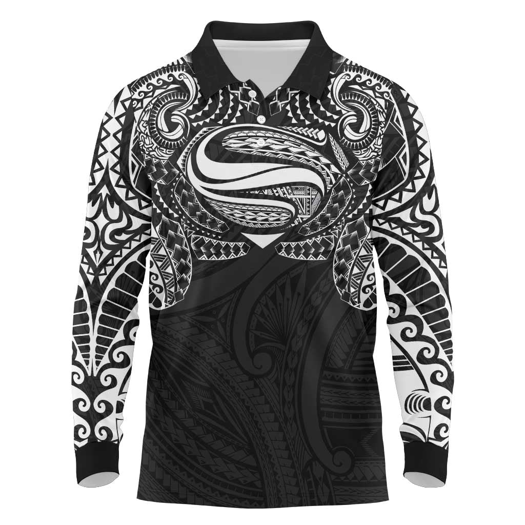 Super Samoan Traditional Tribal Art Tattoos Long Sleeve Polo Shirt Black Color - Polynesian Pride